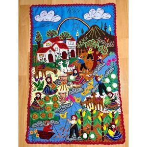 Handmade Peruvian Arpillera Wall Quilt 3D Village Scene Folk Art Tapestry 20x30